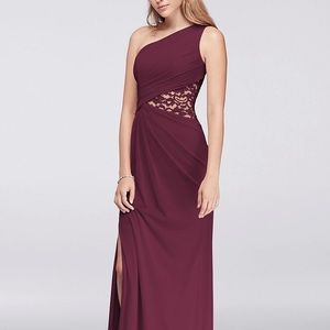 One-Shoulder Mesh bridesmaid dress with Lace Inset from David’s Bridal (Size 2)